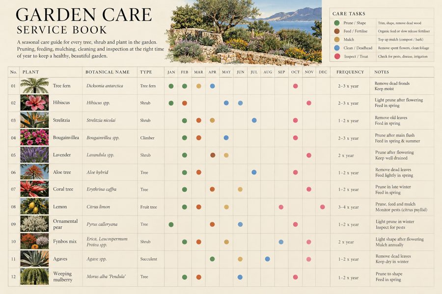 Garden care service book: a year of care tasks for each tree and plant, shown month by month