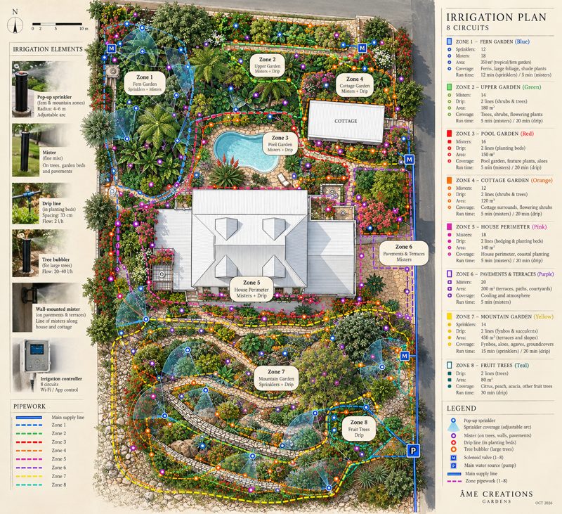 Illustrated irrigation plan with eight coloured watering zones, valves and sprinkler coverage