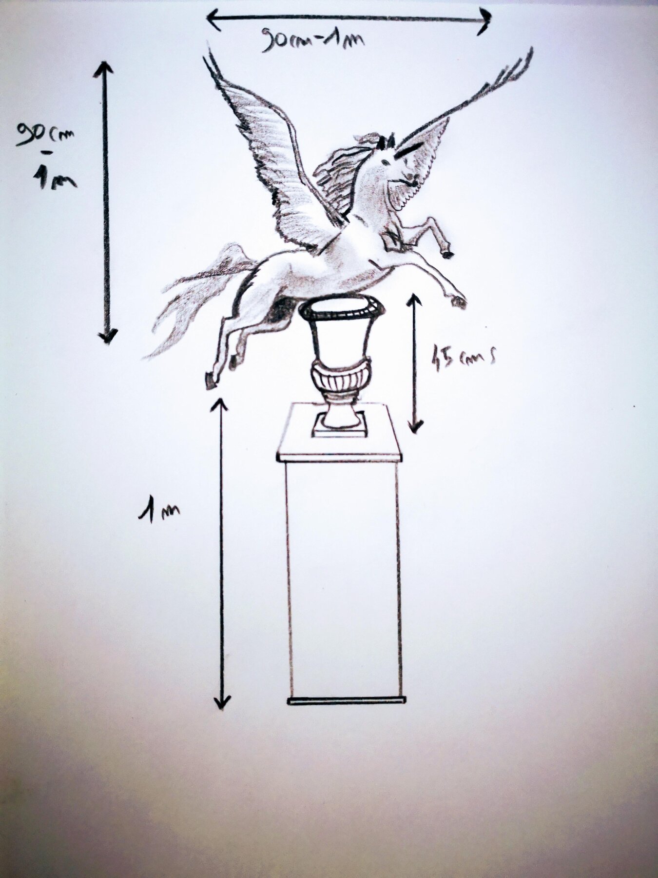 The original pencil sketch of the Pegasus on its urn and column, June 2019